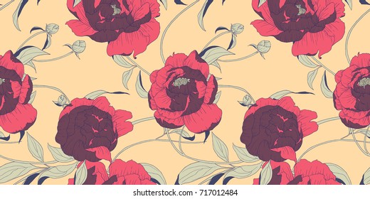 Seamless pattern, hand drawn red Peony flowers on orange background