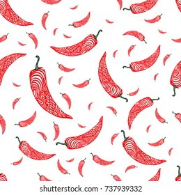 Seamless pattern with hand drawn red hot chili pepper on a white background. Vector swatch.