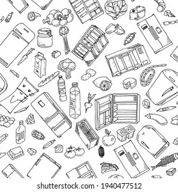 seamless pattern of hand drawn refrigerators and food doddle in black ink on white background