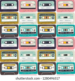 Seamless pattern with hand drawn retro cassette tapes. Old school tiling background with colorful flat style mix tapes. 80's 90's nostalgic vector background, wallpaper, textile or wrapping paper.