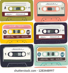 Seamless pattern with hand drawn retro cassette tapes. Old school tiling background with colorful flat style mix tapes. 80's 90's nostalgic vector background, wallpaper, textile or wrapping paper.