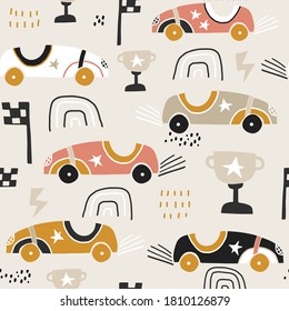 Seamless pattern with hand drawn retro racing cars. Cartoon car vector texture illustration.Perfect for kids fabric,textile,nursery wallpaper