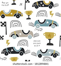 Seamless pattern with hand drawn retro racing cars. Cartoon car vector texture illustration.Perfect for kids fabric,textile,nursery wallpaper