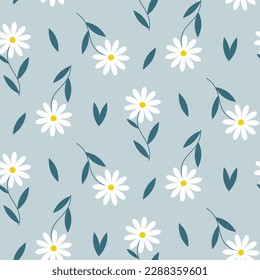 Seamless pattern of hand drawn retro style daisy flowers on isolated blue background. Design for springtime, Mother’s day, Easter celebration, scrapbooking, nursery decor, home decor, paper crafts.