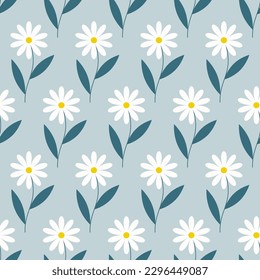 Seamless pattern of hand drawn retro style daisy flowers on isolated background. Design for springtime, Mother’s day, Easter celebration, scrapbooking, nursery decor, home decor, paper crafts.