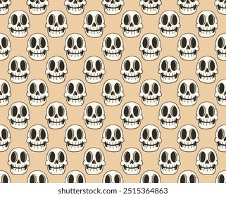 Seamless pattern of hand drawn retro cartoon skulls. Vector halloween spooky funny illustration.