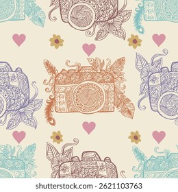 Seamless pattern with hand drawn retro camera, flowers and hearts. Vector illustration.