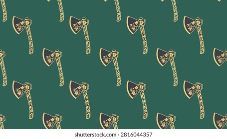Seamless pattern of hand drawn retro axes with floral decoration on handle and blade over a solid green background.