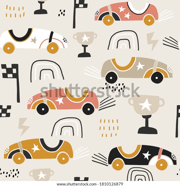 Seamless pattern with hand drawn retro racing\
cars. Cartoon car vector texture illustration.Perfect for kids\
fabric,textile,nursery\
wallpaper