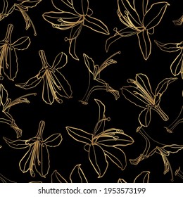 Patrón sin foco con flores rododendras dibujadas a mano. Fondo negro dorado interminable. Ilustración de contorno dibujada a mano botánica para tarjeta de saludo, invitación, impresión, textil.
