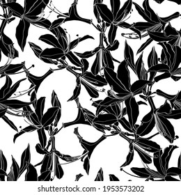 Seamless pattern with hand drawn rhododendron flowers. Botanical hand drawn black and white contour illustration for greeting card, invitation, print, textil.