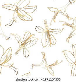 Seamless pattern with hand drawn rhododendron flowers. Golden white endless background. Botanical hand drawn contour illustration for greeting card, invitation, print, textil.