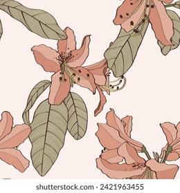 Seamless pattern with hand drawn rhododendron, azalea flowers. Line endless background. Botanical hand drawn contour illustration for greeting card, invitation, print, textil.