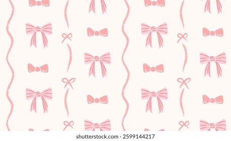 Seamless pattern with hand drawn ribbon bows and wavy lines with pencil texture. Pink background, coquette stylish wallpaper, delicate and feminine design perfect for textile, print, decoration.