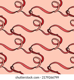 Seamless pattern with hand drawn ribbons on pink background
