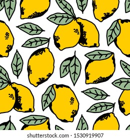 Seamless pattern of hand drawn ripe lemons with leaf
