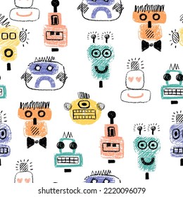 Seamless pattern with hand drawn robots. Cute funny characters, faces. Endless pfor kids.