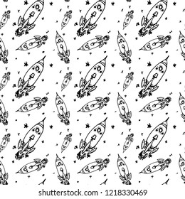 Seamless pattern hand drawn rocket. Doodle black sketch. Sign symbol. Decoration element. Isolated on white background. Flat design. Vector illustration.