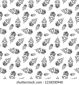 Seamless pattern hand drawn rocket. Doodle black sketch. Sign symbol. Decoration element. Isolated on white background. Flat design. Vector illustration.