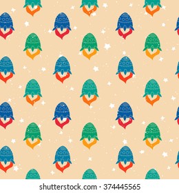 Seamless pattern of hand drawn rockets. Space shuttle