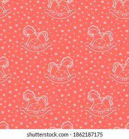 Seamless pattern with the hand drawn rocking horses is on the red background. The save with the Clipping Mask.