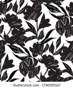 Seamless pattern with hand drawn rose flower and leafs in black and white. Vector graphic illustration for fashion t shirt, textile design, all over printing. Grunge block stamped style