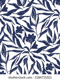 Patrón sin foco con flor de rosa dibujada a mano y hojas en azul y blanco. Ilustración gráfica vectorial para camiseta de moda, diseño textil, todo sobre impresión. Estilo estampado del bloque grueso