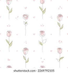 Seamless pattern with hand drawn rose flower continuous one line art. Minimalist contour drawing monoline pastel rose seamless pattern.