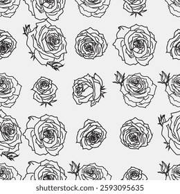 Seamless pattern with hand drawn rose flowers. Vector floral background. Summer botanical sketch illustration. Monochrome design good for print, fabric, wrapping paper