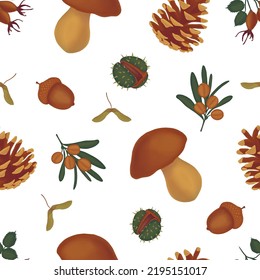 Seamless pattern with hand drawn rosehip, rosehip fruit, acorn, chestnut, cone, mushroom, maple.