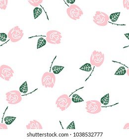 Seamless pattern with hand drawn roses in delicate palette. Vector illustration for fashion t shirt textile wallpaper design, for all over printing. Digital craft stamp style. 
