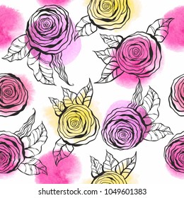 Seamless pattern with hand drawn roses and watercolor stains on the white background. Vector illustration