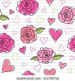 seamless pattern of hand drawn roses and hearts