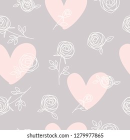 Seamless pattern of hand drawn roses and hearts