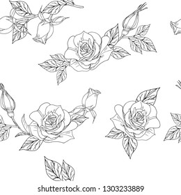 seamless pattern with hand drawn roses white and black lines