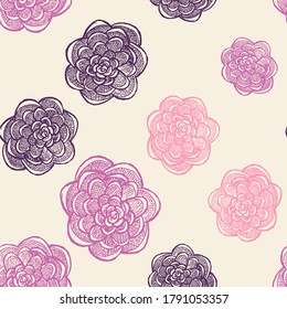 Seamless pattern with hand drawn roses. Pink flowers on bright background. For packaging, wrappers, fabric design and others. Vector illustration.