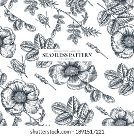 Seamless pattern of hand drawn roses. Botanical plant illustration. Vintage roses and leaves sketch set