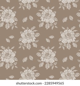 Patrón sin foco, rosas dibujadas a mano con hojas. Fondo floral, impresión, textil, vector