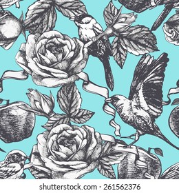 Seamless pattern with  hand drawn roses, apples and  birds. Vector