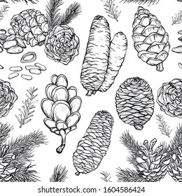Seamless pattern with Hand drawn rustic Natural forest branches and cones. Forest collection of coniferous branches and pine cones. Black and white