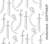 Seamless pattern with hand drawn sabres and scimitars in black outline style. Doodle vector illustration perfect for fantasy textiles, medieval-themed fabric, or coloring projects.
