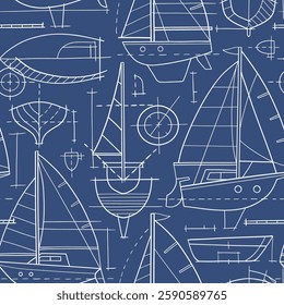 Seamless pattern with hand drawn sailboat blueprint. Sailing ship vector sketch design. Perfect for textile, wallpaper or print design. EPS10 vector file.	