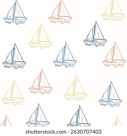 Seamless Pattern with hand drawn sailboats. Vintage marine wallpaper. Coastal ocean print for summer decor, fabric, wall art, wrapping paper, artworks.