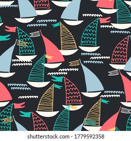 Seamless pattern with hand drawn sailing boats and waves on dark background for surface design and other design projects. Sailing and fishing concept