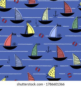 Seamless pattern with hand drawn sailing boats, anchors, fishhooks, safety rings on dark blue background for surface design and other design projects. Sailing and fishing concept