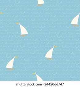 Seamless pattern with hand drawn sailing boats and waves on white background for surface design and other design projects. Sailing and fishing concept