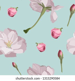 Seamless pattern with hand drawn sakura flowers. Beautiful floral design elements, mint background.