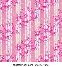 Seamless pattern with hand drawn sakura and pink sptripes. Elegant flowers ornament for wallpaper, textile, fabric.