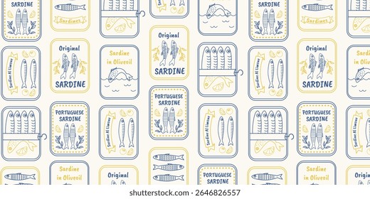 Seamless pattern with hand drawn sardine tin labels. Mediterranean vintage background. Marine coastal wallpaper with canned fish, Portuguese seafood, olive oil sardines, and retro packaging.