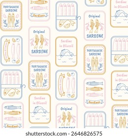 Seamless pattern with hand drawn sardine tin labels. Mediterranean vintage background. Marine coastal wallpaper with canned fish, Portuguese seafood, olive oil sardines, and retro packaging.